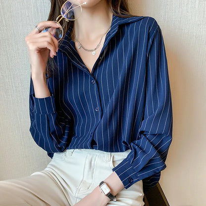 Fashion Woman Blouses 2023 Chiffon Long Sleeve Shirt Tops Woman White Blouse Shirts Striped Top Pretty and Cheap Women's Blouses