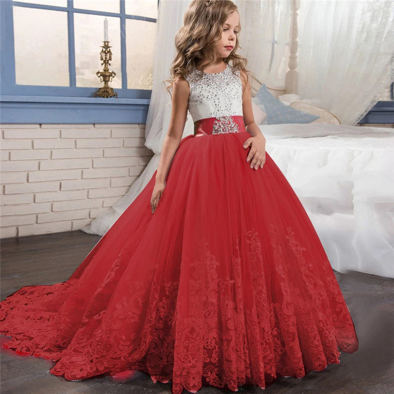 Girls Christmas Dress For Kids Wedding Evening Party Bridesmaid Long Dress Prom Gown Children Teenager New Year Princess Costume red 03