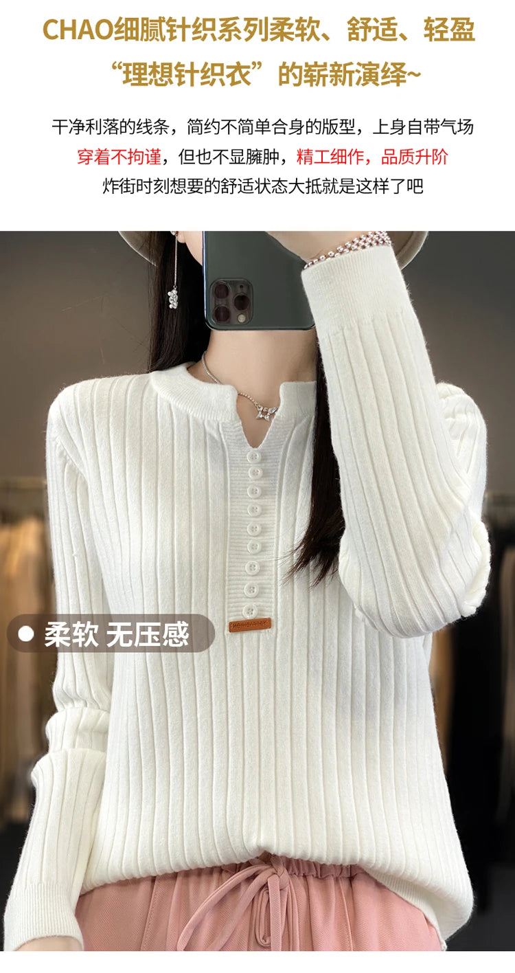 Women's Sweater Autumn/Winter New Solid Color Knitwear V-Neck Pullover Ladies Clothes Fashion Blouse Korean Style Loose Tops