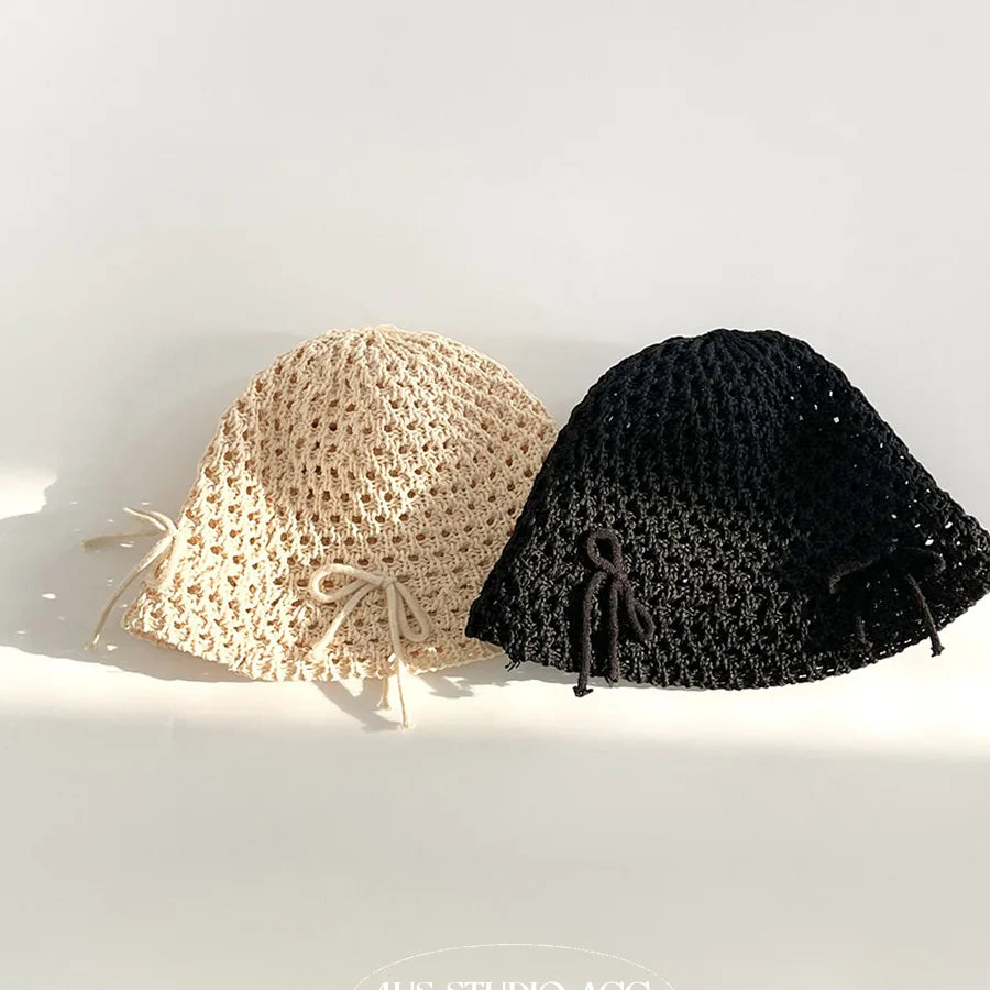 Korean Ins New Cute Bow Hollow Knitted Women's Caps Spring and Summer Sunshade Versatile Show Face Small Sweet Bucket Hat