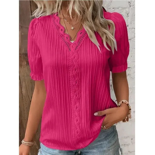 2024 Summer New Women's Blouse Top Solid Sexy V-Neck Hollow Short Sleeve Fashion Splice Plus Size Loose Street Apparel Shirt Rose Red