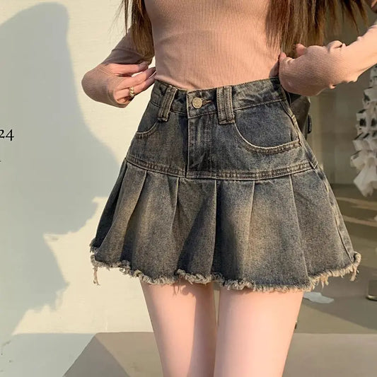 Deeptown Vintage Denim Skirt Women Pleated Sexy Short Skirts Retro Korean Fashion Aesthetics Casual A-line Streetwear Jean Skirt Pic