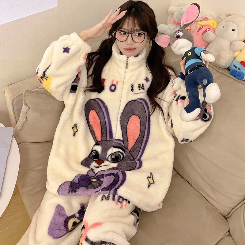 Sanrio Cartoon Hello Kitty Pajamas Female Flannel autumn Winter New Plus Thicken Velvet Sweet Keep Warm Pajamas set leisure wear