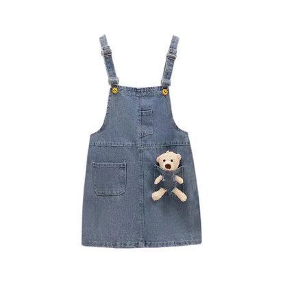 2-8T Summer Sundress Sets Baby Girls Suspender Skirt Girls Dress Kids Straps Denim Dress Children Bear Cartoon Clothing Overalls