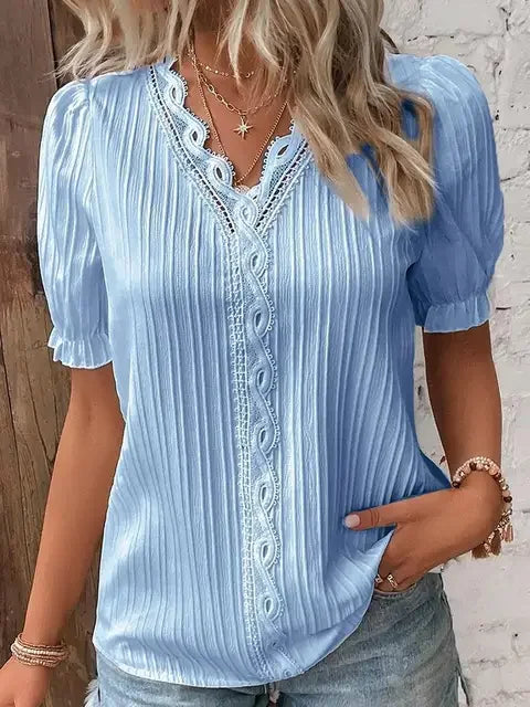 2024 Summer New Women's Blouse Top Solid Sexy V-Neck Hollow Short Sleeve Fashion Splice Plus Size Loose Street Apparel Shirt Sky blue