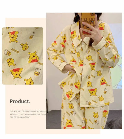 Elegant Winnie The Pooh Bear Cute Pajamas Women Spring Autumn Long Sleeve Sleepwear Fashion Kawaii Loose Cartoon Home Clothes Y2k