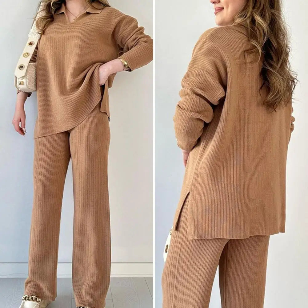 Women Two-piece Suit Cozy Knitted Women's Pajama Set with V Neck Top Wide Leg Trousers for Fall Winter Loungewear Collection