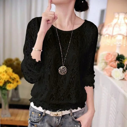 Summer Casual White Lace Clothing Fashion Long Sleeve New Tops Shirts for Women Elegant Black O-neck Ladies Blouse Blusas 51C 511 BLACK