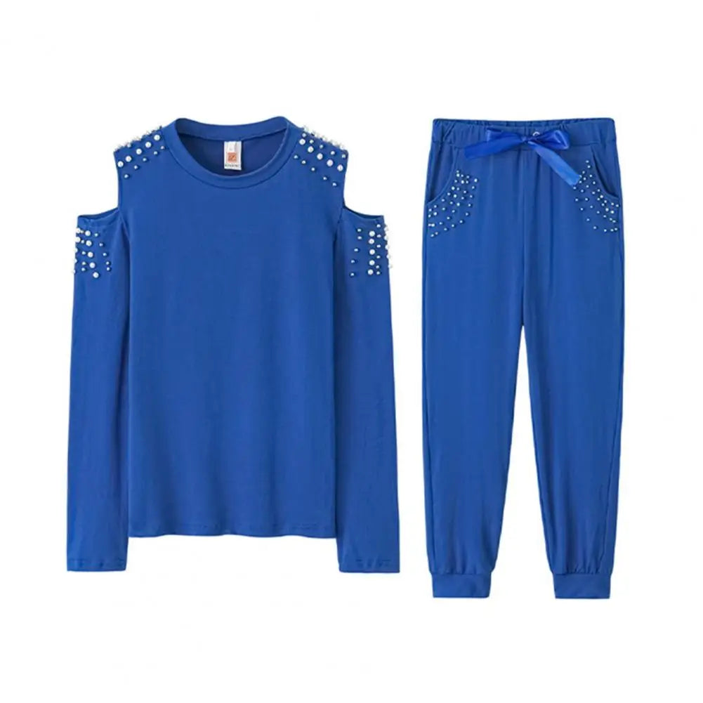 Tracksuit Women Two Piece Set Beading Decor Cold Shoulder Long Sleeve Top + Jogger Pants Suit Female Casual Lounge Wear Outfits Blue