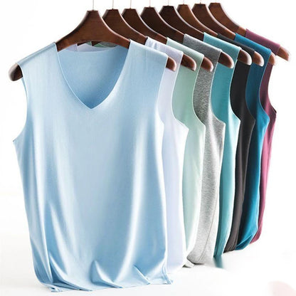 Basic Men's Ice Silk Sleeveless Tanks Top Vest Solid Color V-Neck Undershirt Muscle Vests T Shirt For Men Tee Male Clothing