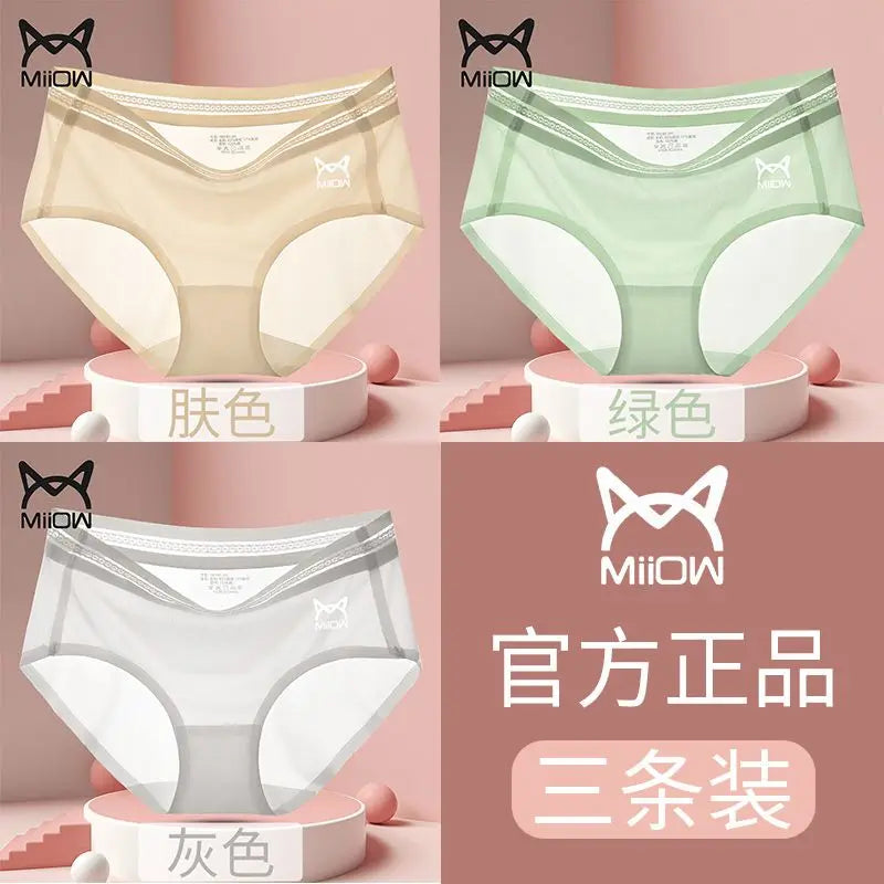 Cat Man 3/4 Ice Silk Women's Underwear Women's Antibacterial Cotton Crotch Adult Traceless Mid rise Silk Slippery New Briefs 3 piecesH 3pcs