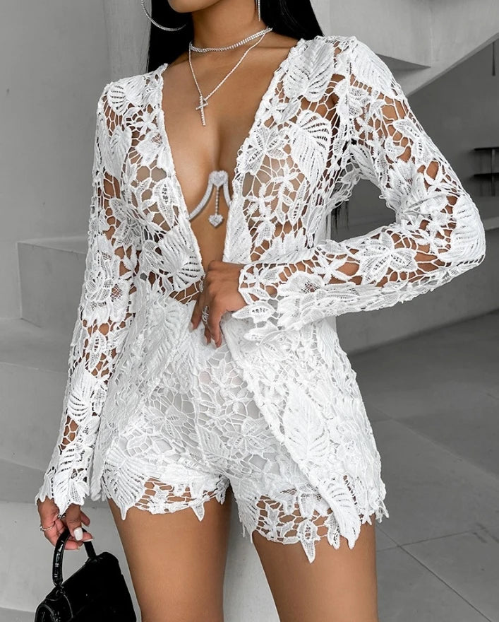 Hot Selling Casual and Fashionable L Flower Girl Transparent Long Sleeved Lace Shirt and Transparent Shorts Set