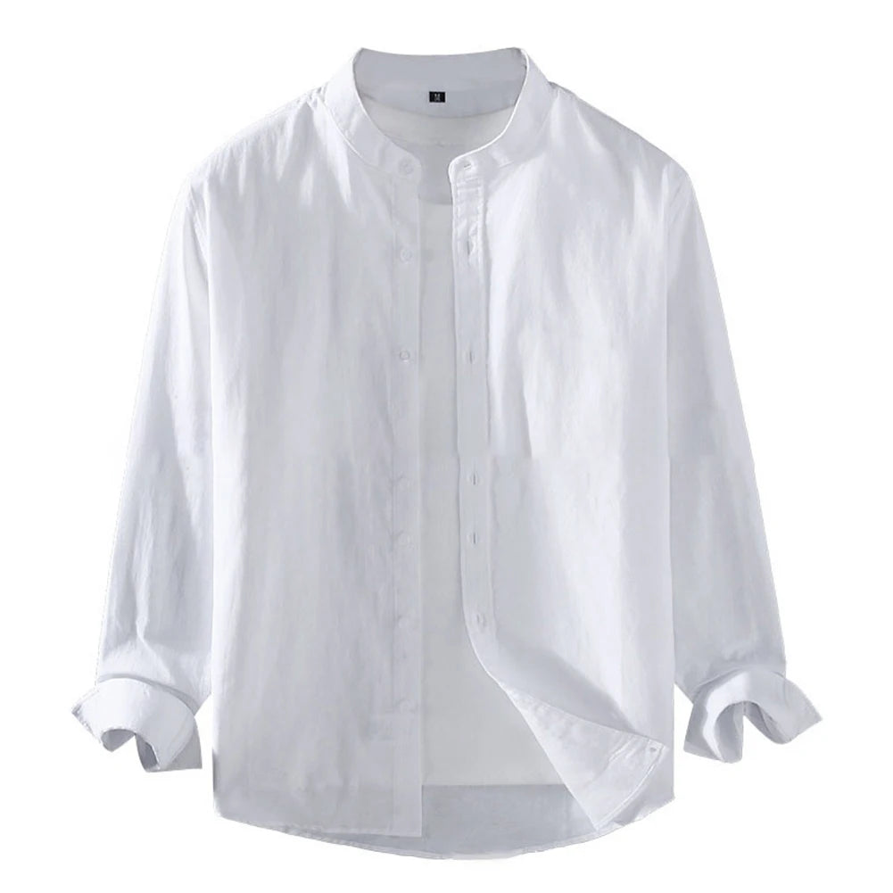 Holiday Men Shirt Tops Summer Autumn Simple Spring Stand Collar Casual Comfortable Cotton Blend Linen Long Sleeve