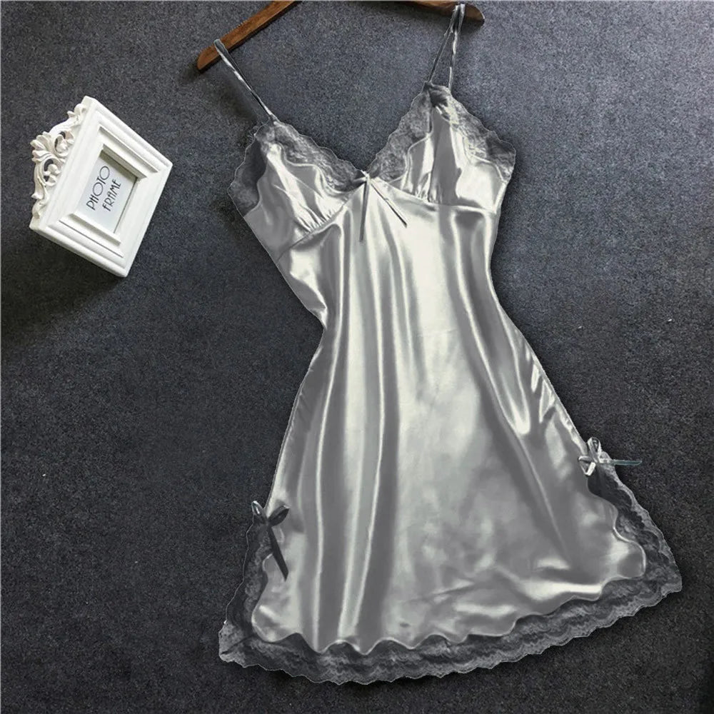 Nightgown Women Gown Sleepdress Sexy Lace Nighty Robe Spaghetti Strap Sleepwear Summer Silk Satin Nightdress Loungewear Side Bow Grey CHINA