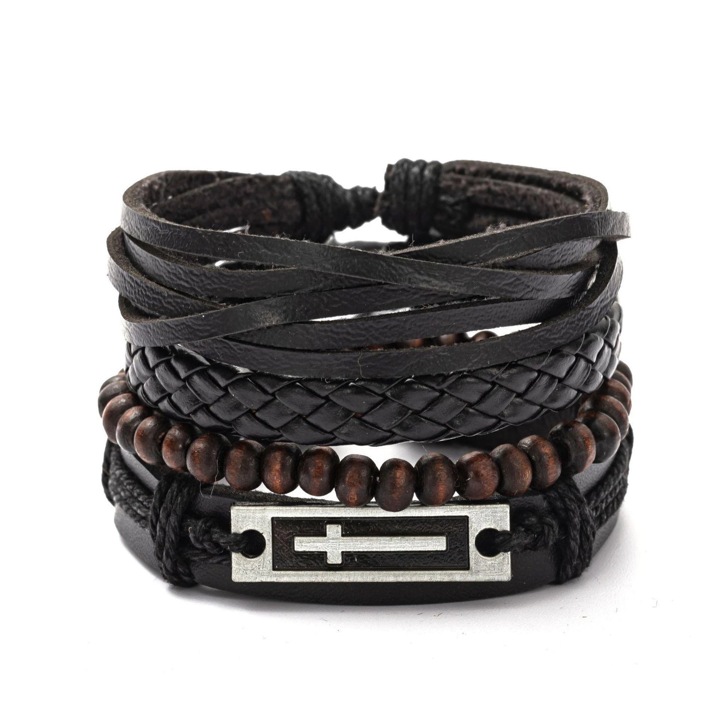 4Pcs/ Set Braided Wrap Leather Bracelets For Men Vintage Life Tree Rudder Charm Wood Beads Ethnic Tribal Wristbands 13