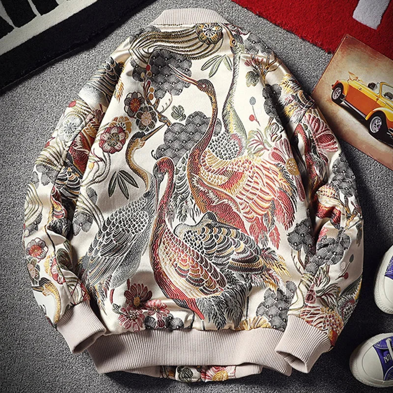 Japan Style Mens Floral & Crane Embroidery Bomber Jacket Stand Collar Men Streetwear College Baseball Jackets Autumn Coat