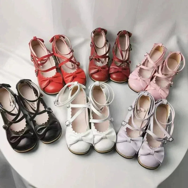 HoneyCherry NEW Lolita Shoes Princess Shoes Students Lovely Shoes Women Flats Low Round With Cross Straps Bow