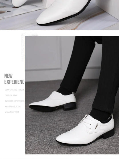 Classic Men Dress Shoes Lace-up White Leather Shoes for Man Plus Size Point Toe Business Casual Men's Formal Shoes for Wedding