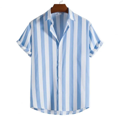 Summer Men Shirt Striped Hawaii Buttons Short Sleeve Shirt Beachwear camisas masculina homme camisas de hombre рубашка мужская Light Blue