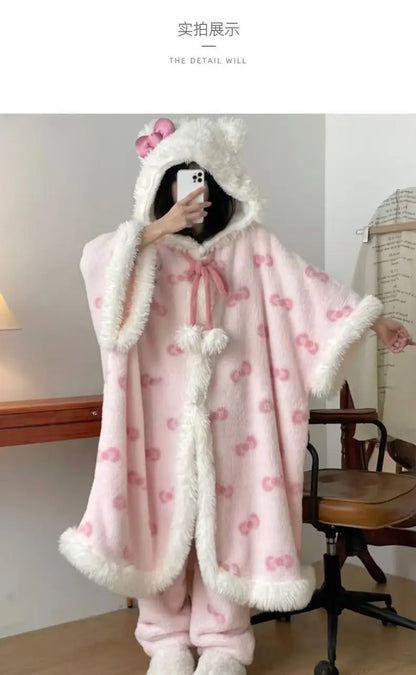 Sanrio Pajamas Hellokitty Nightgown Women's Coral Velvet Autumn and Winter Thickened Cloak Hello Kitty Pajamas Home Clothes