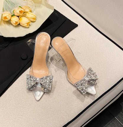 Liyke PVC Transparent Women Pumps Sexy Crystal Bowknot Pointed Toe  Slingback High Heels Mules Sandal Female Wedding Prom Shoes