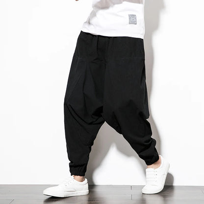 2023 Spring oversize casual pants men streetwear cotton linen harajuku joggers fashion baggy harem pants for man A13 Black CHINA