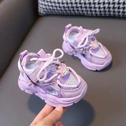 New 2024 Kids Mesh Breathable Sneakers Boys Girls Sport Shoes Korean Style Cute Bear Toddler Shoes Children's Outdoor Footwear PURPLE