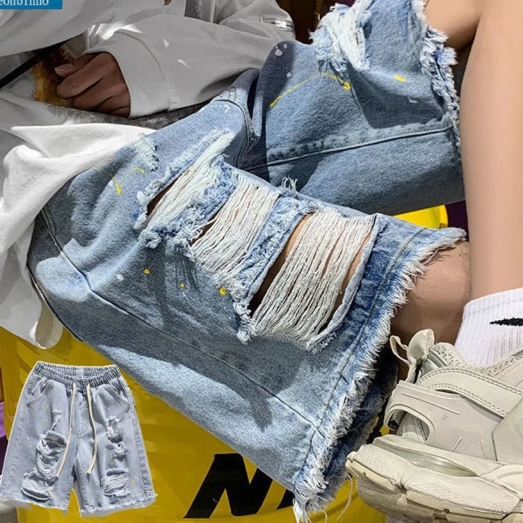 2023 Hip Hop Ripped Denim Shorts Y2K Streetwear Men Vintage Destroyed Hole Baggy Jeans Pants Fashion Summer Loose Shorts Black Blue