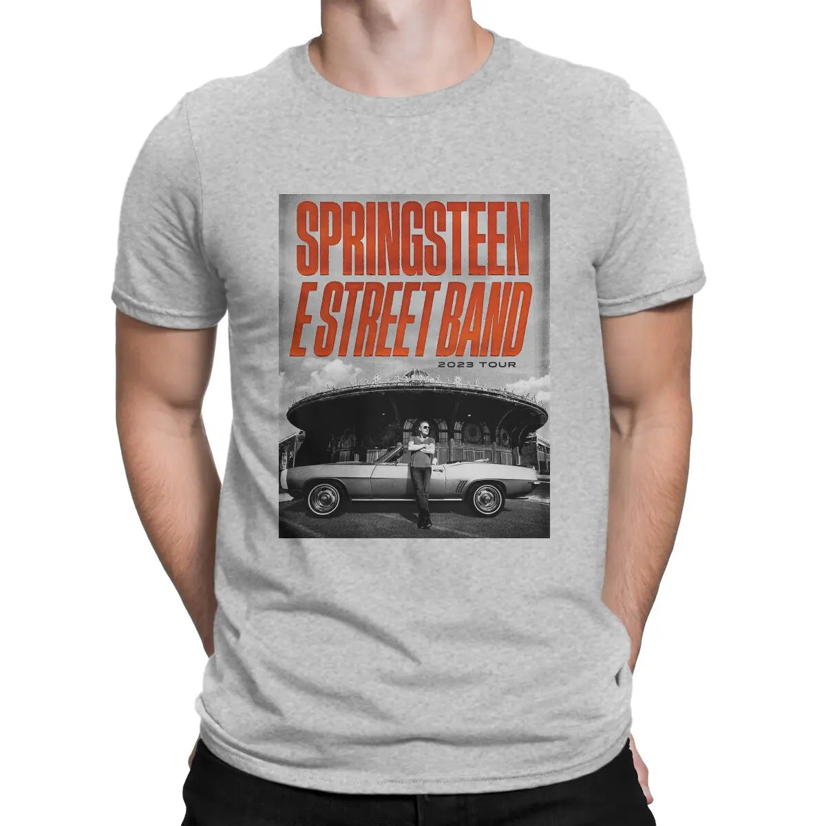 Poster T Shirt Men's 100% Cotton Novelty T-Shirts Crewneck Bruce The E Street Band Springsteen Tee Shirt Short Sleeve Tops GRAY