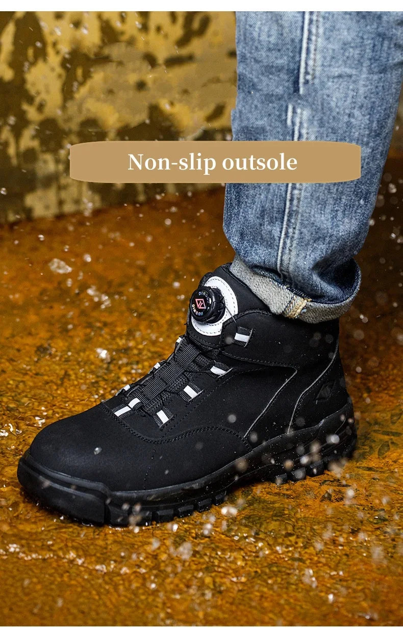 Black Leather Winter Fashion 2023 Rotating Buttons Safety Shoes Men Waterproof Work Boots Men Anti-puncture Protective Footwear