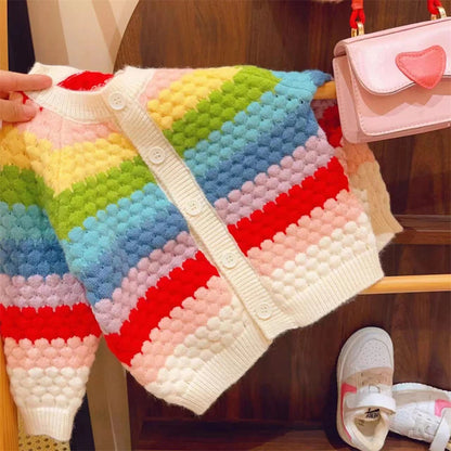 Rainbow Striped Knitted Cardigans for Kids Baby Girls Autumn Winter Long Sleeve Single-breasted Sweater Coats Children Clothes