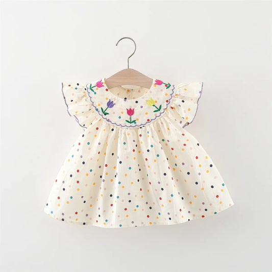 New Cute Girl'S Dress Sweet Rose Embroidered Small Round Dots Korean Version Loose Bubble Sleeve Cotton Beach Skirt