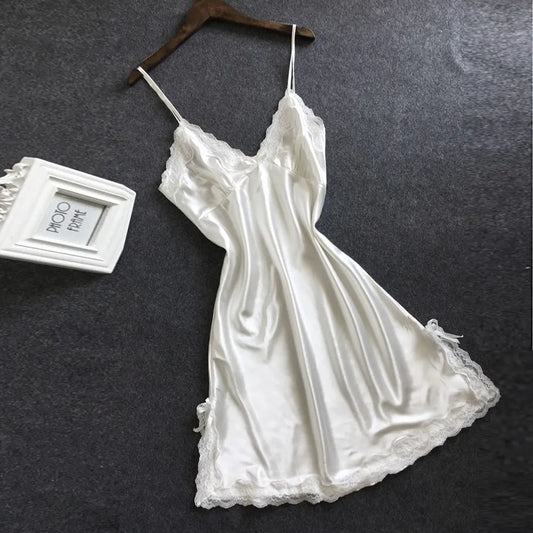 Nightgown Women Gown Sleepdress Sexy Lace Nighty Robe Spaghetti Strap Sleepwear Summer Silk Satin Nightdress Loungewear Side Bow