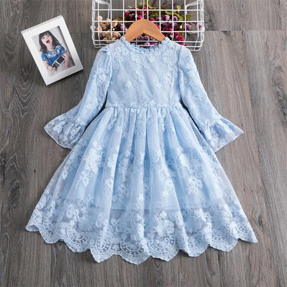 Princess Girl Dress Girls Clothes Long Sleeve Tulle Party Dresses for Girls Kids Lace Children Casual Clothing Baby Vestidos Blue 3