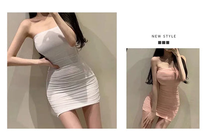 Korean Style Temperament Girl Chest Wrapping Slim Fit Sexy Off Shoulder One Line Neckline Mesh Pleated Wrapped Hip Dresses NXCQ