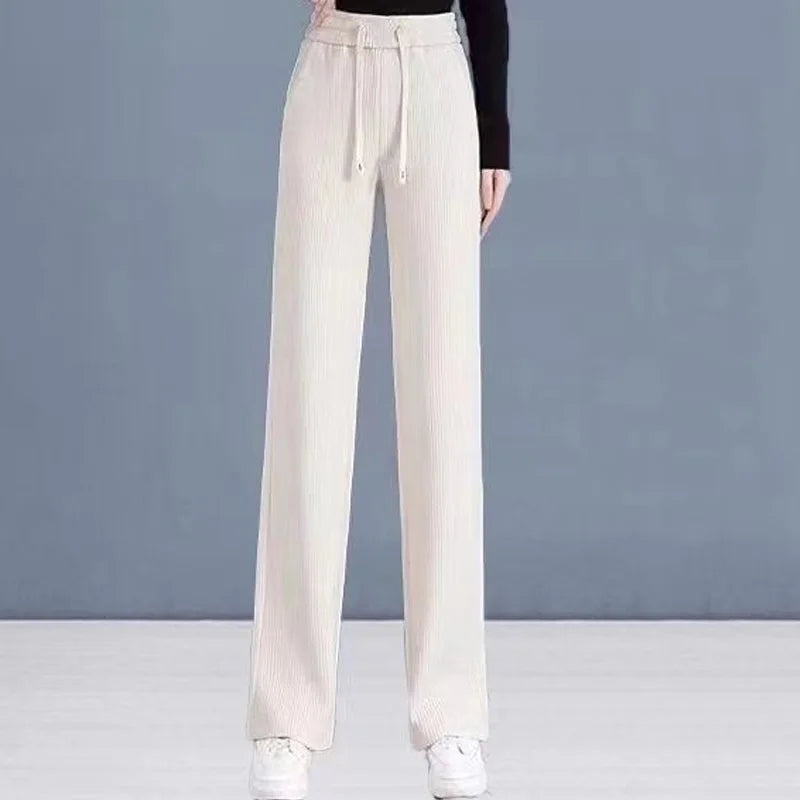 Women's Clothing 2023 New Spring Autumn Thin Loose Solid Color Lacing Drawstring Elastic Waist Pocket Straight Wide Leg Pants WHITE