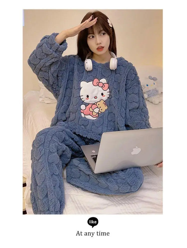 Kawaii Hello Kitty 2Pcs Plush Pajama Set Sanrioed Pochacco Cartoon Anime Winter Women Homewear Winter Thicken Girls Keep Warm