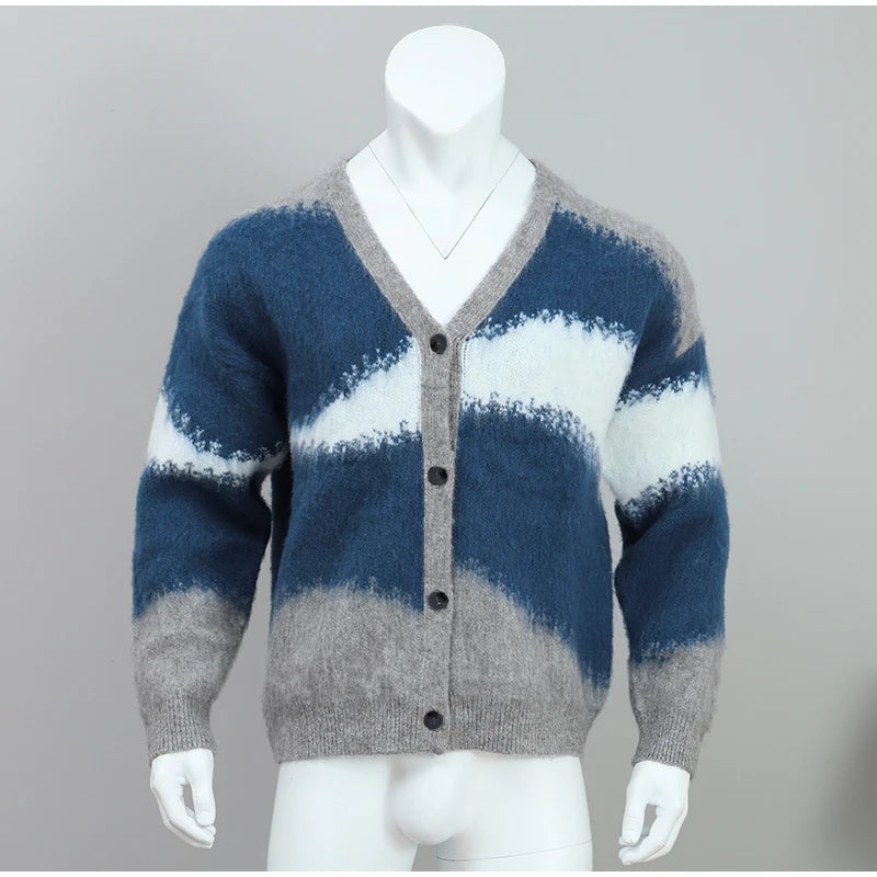 Striped Plush V-neck Cardigan Men's Loose Casual Brushed Knitted Sweater Trendy Simple Versatile Harajuku High Street Coats