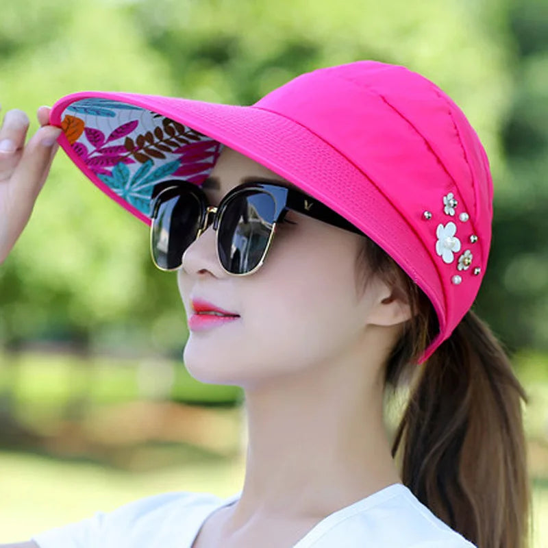 Summer Hats for Women Foldable Sun Hat Pearl Flower Visor Suncreen Floppy Cap Female Outdoor Casual Baseball Cap Hat for Woman rose Red