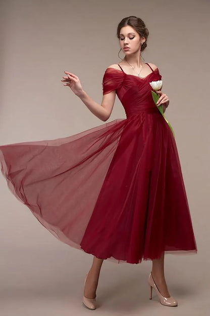 Women's Romantic Off Shoulder Ceremony Dresses Elegant Long Party Wedding Cocktail Bridesmaid Mesh Tulle Midi Wrap Gala Dress