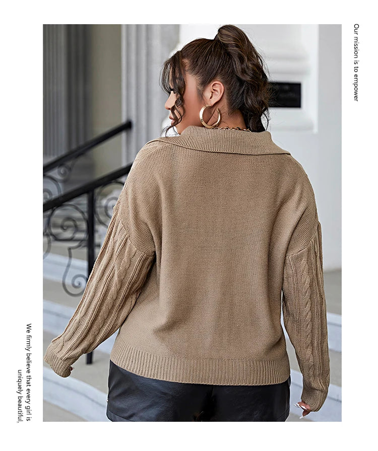 ONELINK Solid Khaki Cable Pattern Big Cowl Neck Plus Size Sweater Long Sleeve Inmitation WS Cashmere Soft Daily Outfit For Woman