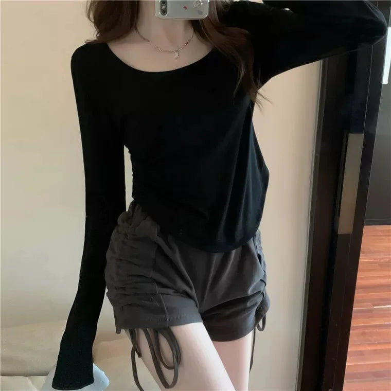 Square Neck Long Sleeve T-Shirt Women Spring Autumn New Irregular Hem Slim Casual Top Winter Solid Bottom Shirts New Korean Black