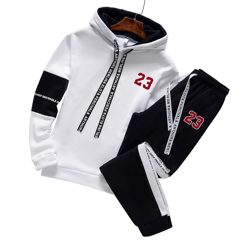 Mens Tracksuit Casual Hooded Sweatshirt+Pants 2 Pcs Sets Trend Black White Hot Sales Couple Clothing Outdoors Sport Jogger Suit WhiteBlack