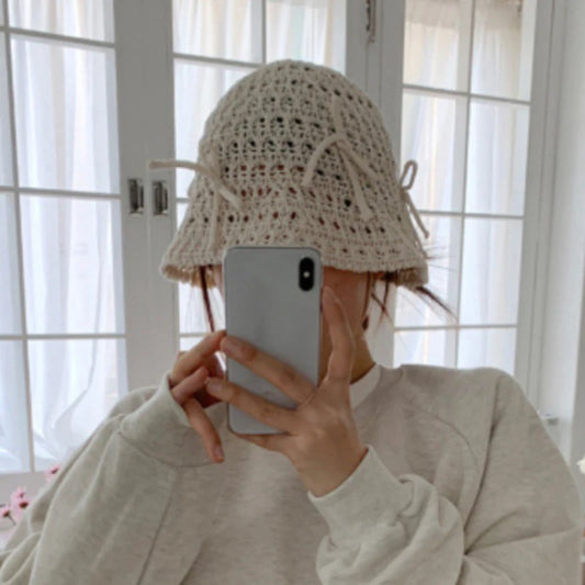 Korean Ins New Cute Bow Hollow Knitted Women's Caps Spring and Summer Sunshade Versatile Show Face Small Sweet Bucket Hat