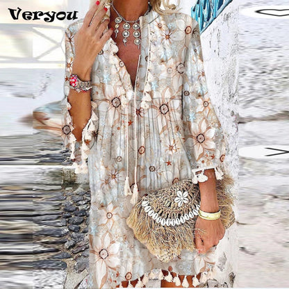 Women Vintage Print V Neck Tassel Mini Dress Casual Loose Three Quarter Sleeve Beach Dress 2024 Spring Summer Party Dress Femme