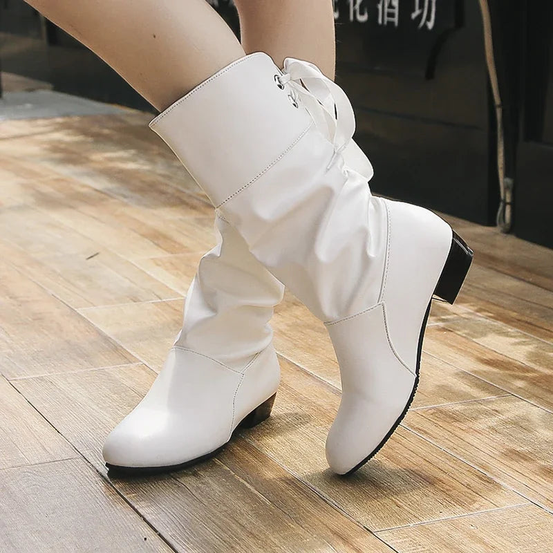 Plus Size 35-43 Women Middle calf Boots Back Lace Up Low Heels Winter Shoes Black Botines White Botas Mujer Female Snow Boot Red