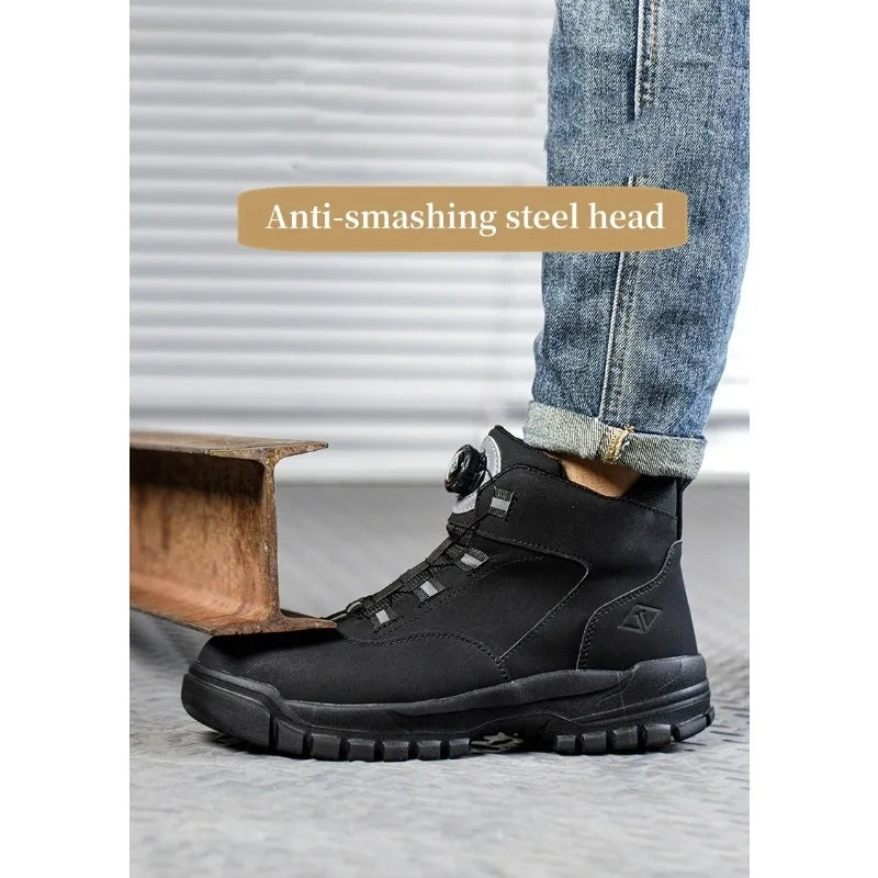 Black Leather Winter Fashion 2023 Rotating Buttons Safety Shoes Men Waterproof Work Boots Men Anti-puncture Protective Footwear