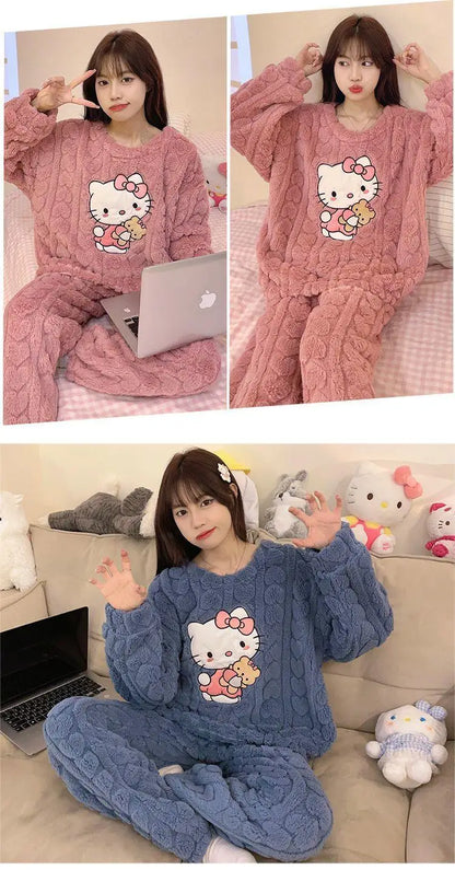 Kawaii Hello Kitty 2Pcs Plush Pajama Set Sanrioed Pochacco Cartoon Anime Winter Women Homewear Winter Thicken Girls Keep Warm