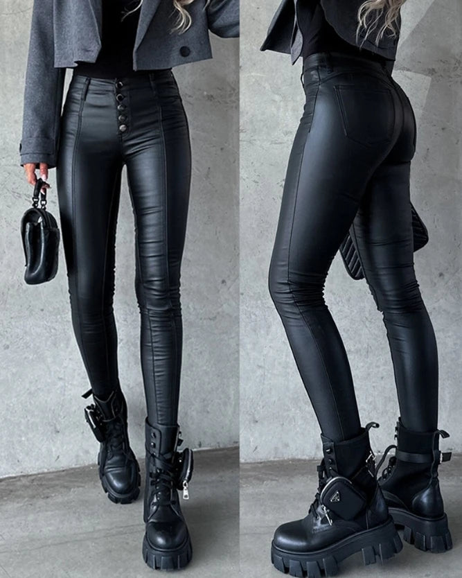 Women's Pants 2023 Autumn and Winter Fashion Commuting High Waist Pu Leather Skinny Pants Daily Casual Pu Leather Pencil Pants A