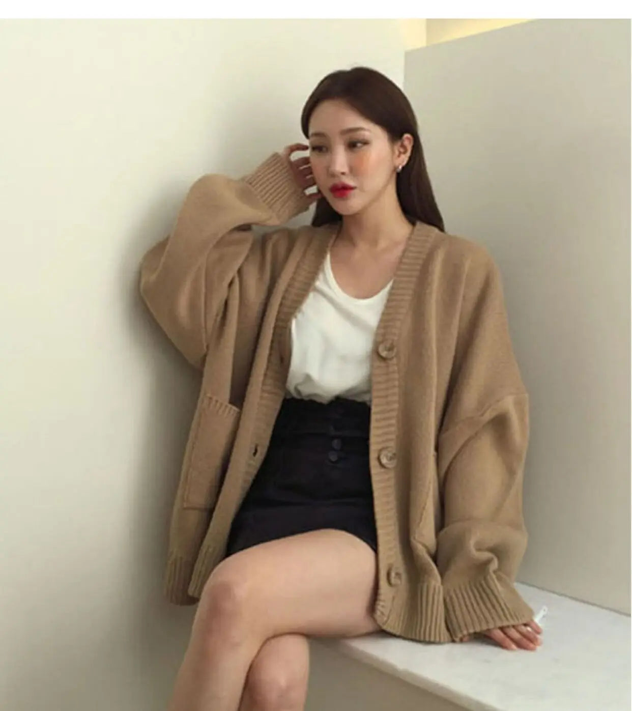 2024 Autumn Women's Sweater Fashion V-neck Vintage Knitted Cardigan Korean Loose Solid Sweaters Female